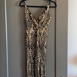 Spaghetti strap gold and black sequin dress
